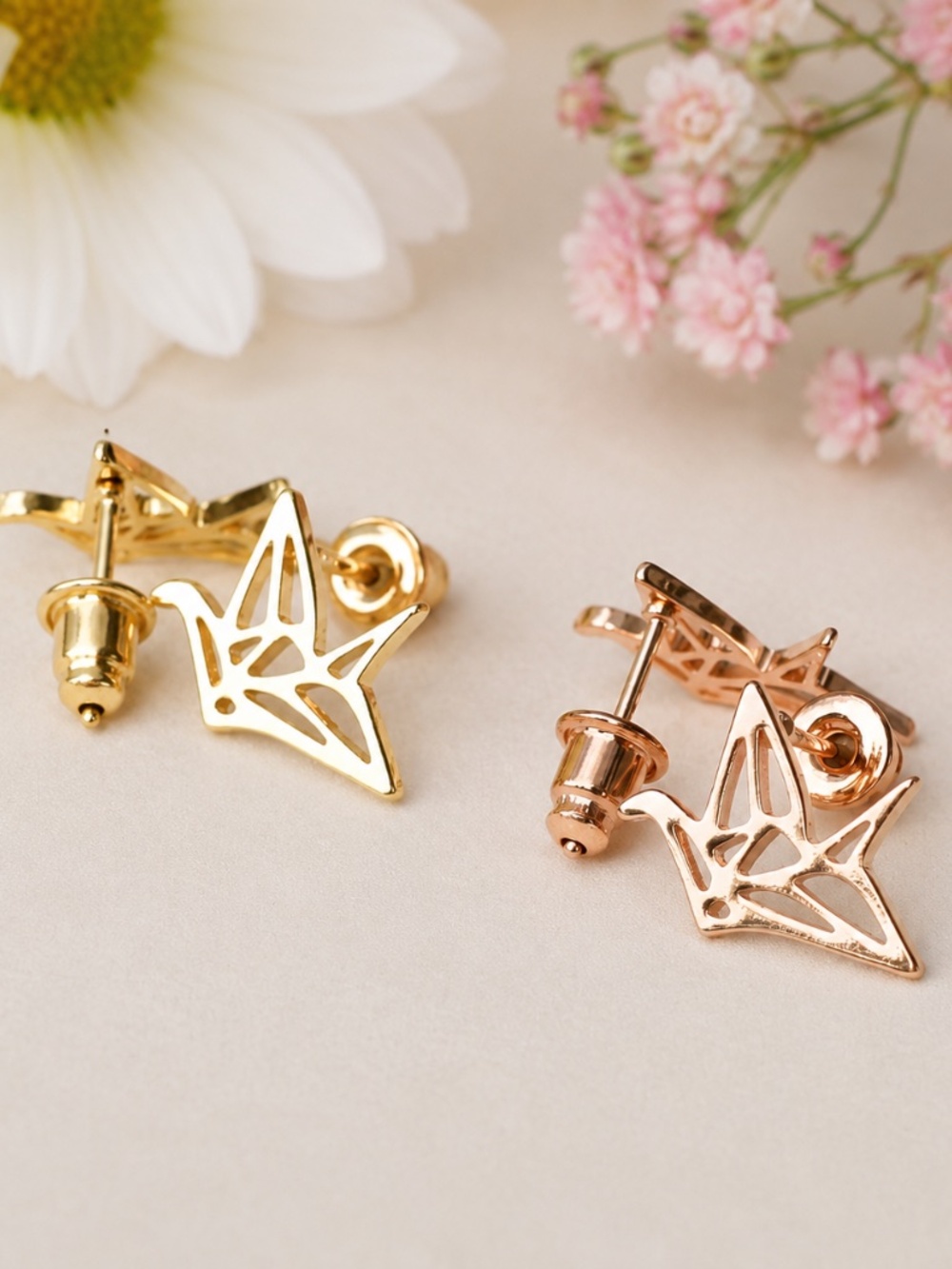 Small Origami Paper Crane Stud Earrings Gold or Rose Gold , Hope , Healing